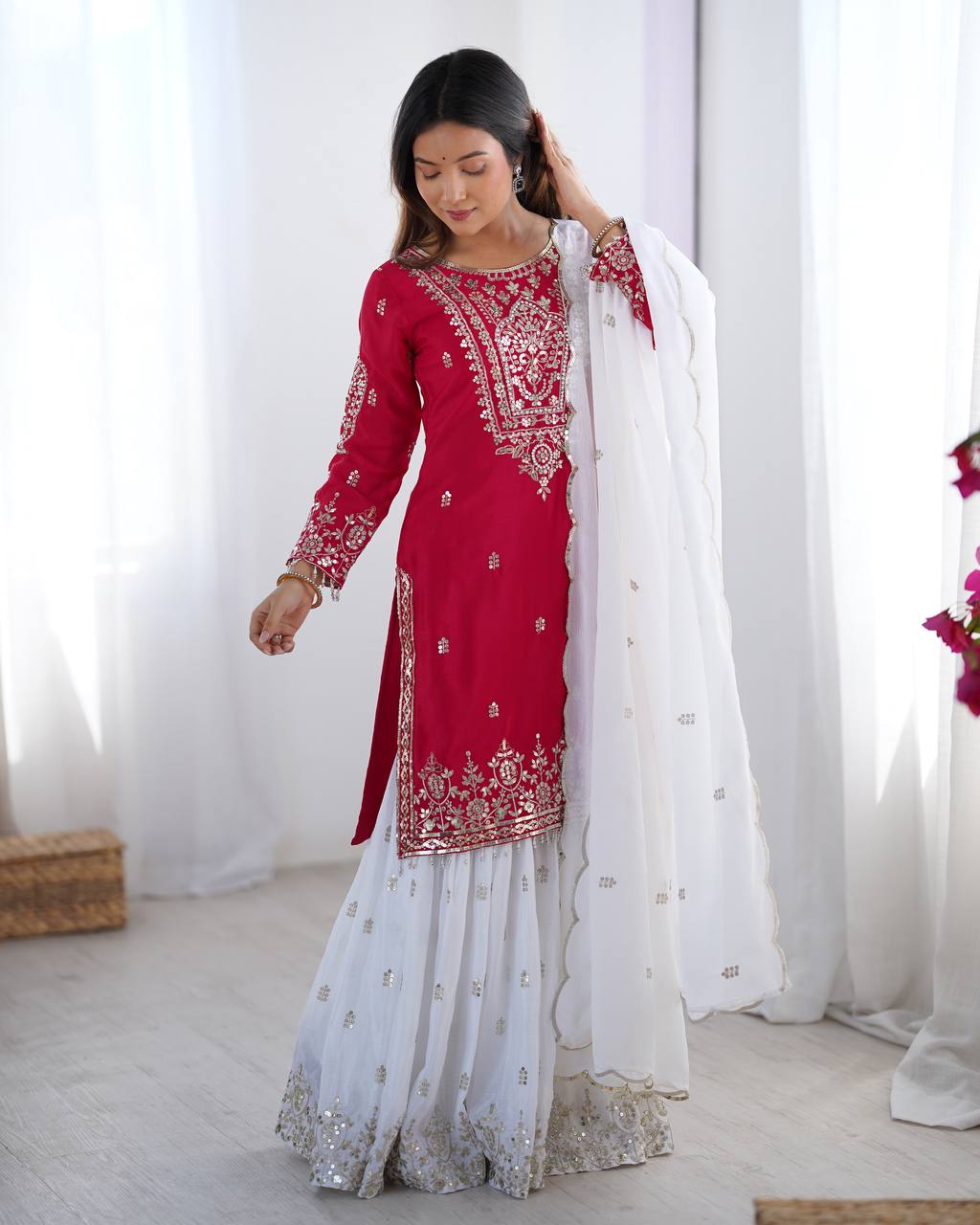 Designer Party Wear Chinnon Set (Top, Sharara Palazzo & Dupatta)
