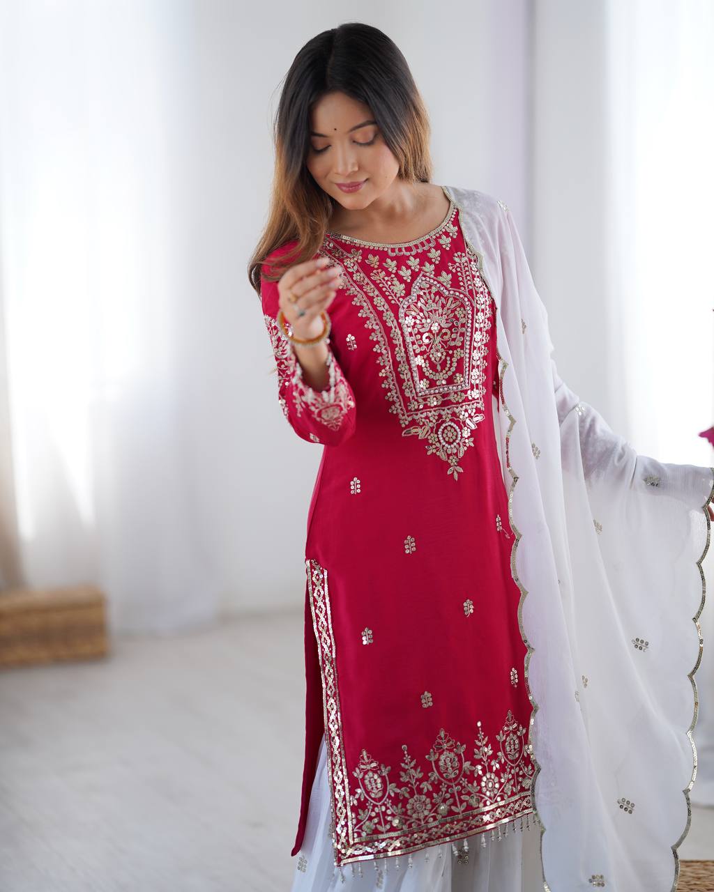 Designer Party Wear Chinnon Set (Top, Sharara Palazzo & Dupatta)