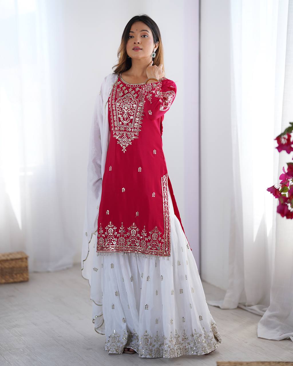 Designer Party Wear Chinnon Set (Top, Sharara Palazzo & Dupatta)