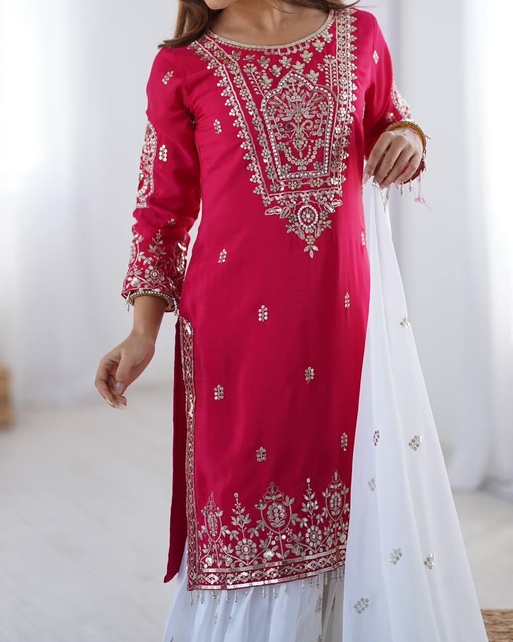 Designer Party Wear Chinnon Set (Top, Sharara Palazzo & Dupatta)