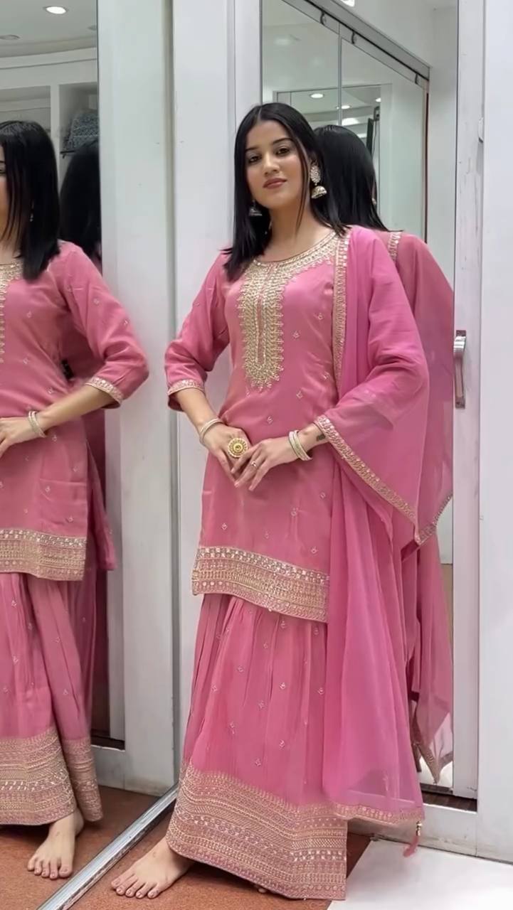 Pure Chinnon Silk Party Wear Set (Top, Sharara Palazzo & Dupatta)