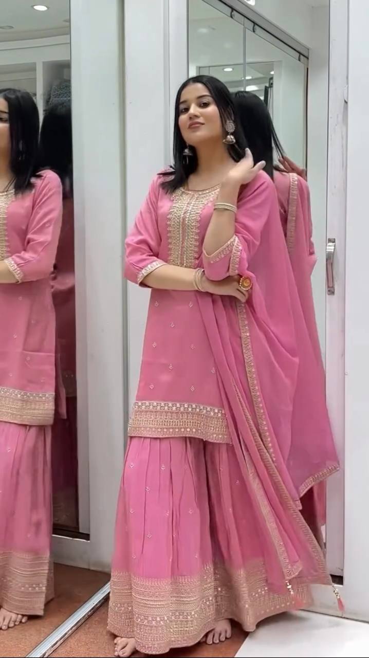 Pure Chinnon Silk Party Wear Set (Top, Sharara Palazzo & Dupatta)