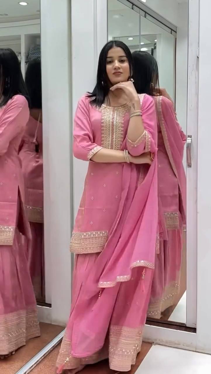 Pure Chinnon Silk Party Wear Set (Top, Sharara Palazzo & Dupatta)