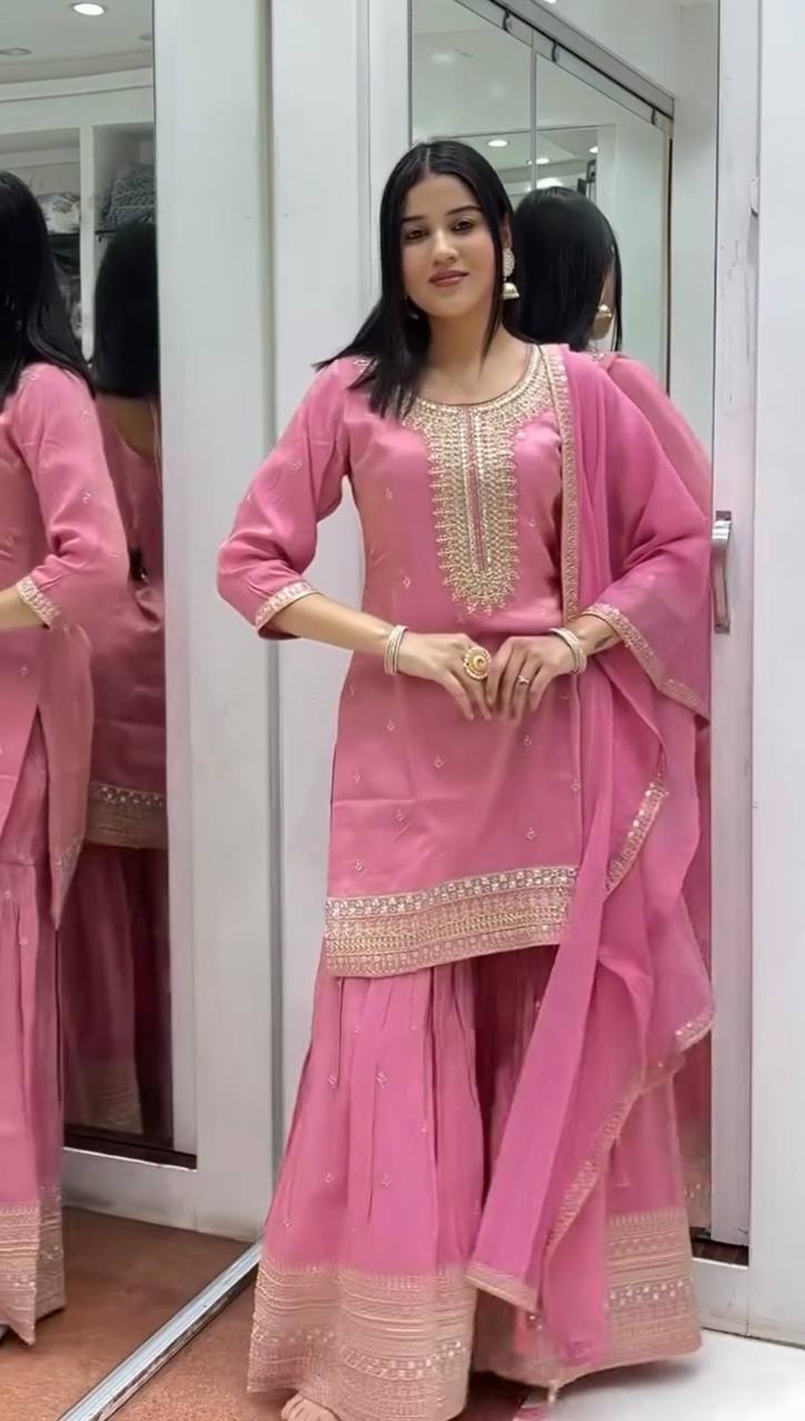 Pure Chinnon Silk Party Wear Set (Top, Sharara Palazzo & Dupatta)