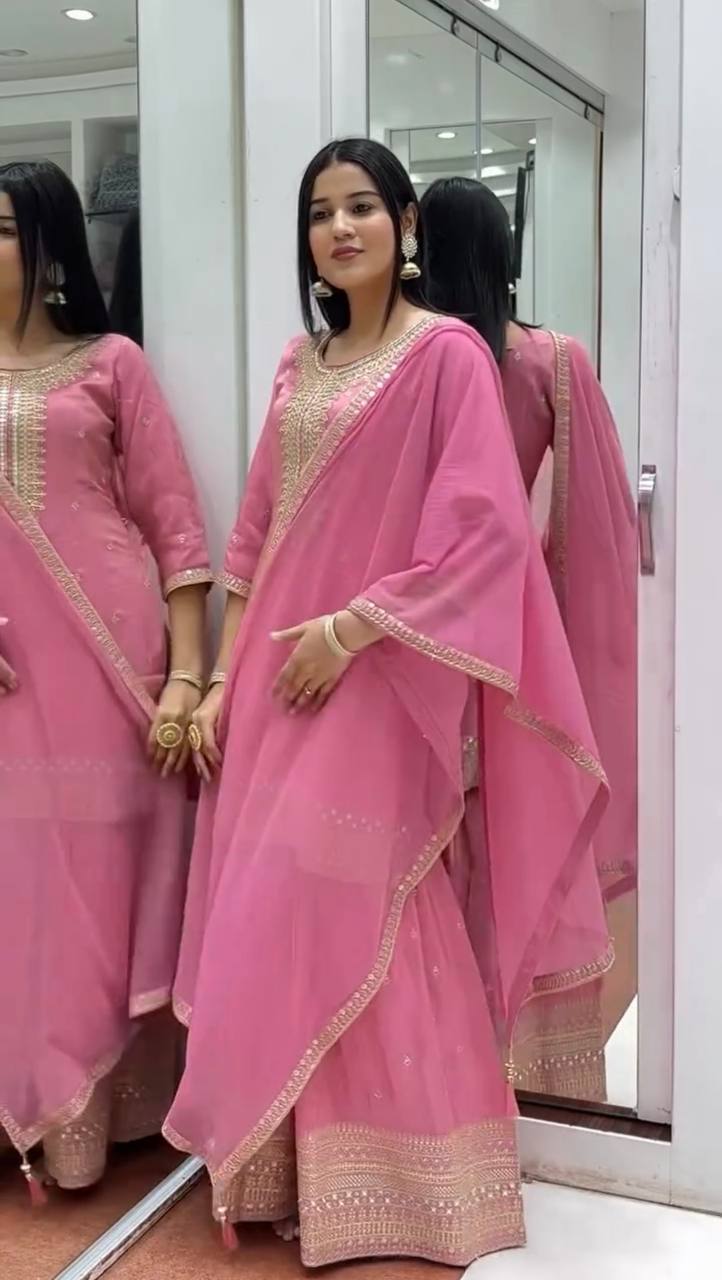 Pure Chinnon Silk Party Wear Set (Top, Sharara Palazzo & Dupatta)