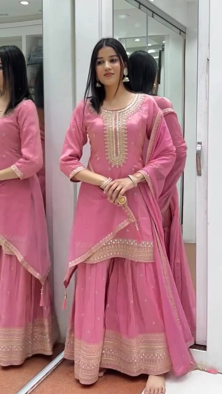 Pure Chinnon Silk Party Wear Set (Top, Sharara Palazzo & Dupatta)