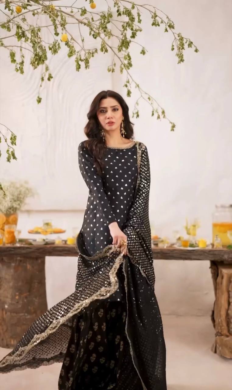 Designer Faux Georgette Party Wear Set (Top, Sharara Palazzo & Dupatta)