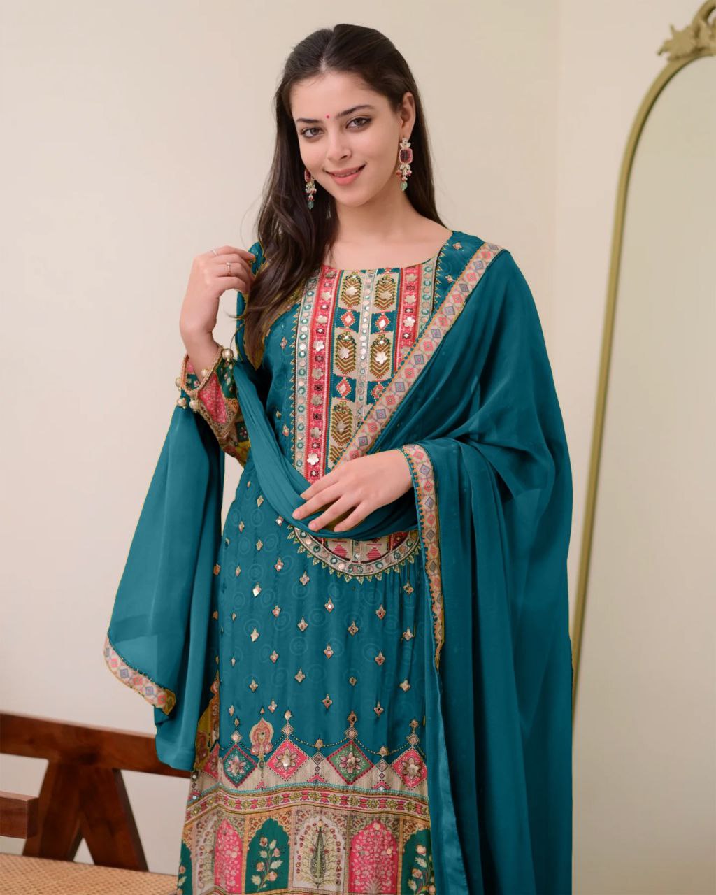 Jaypuri Designer Wear Simmer Top with Mirror Work, Plazzo & Dupatta Set