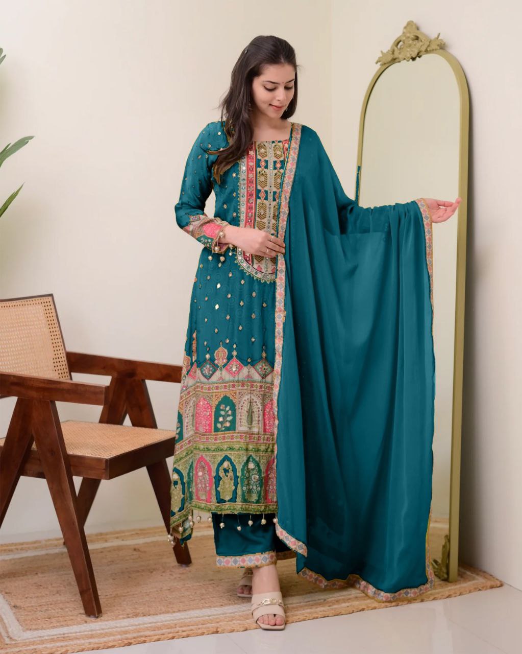 Jaypuri Designer Wear Simmer Top with Mirror Work, Plazzo & Dupatta Set