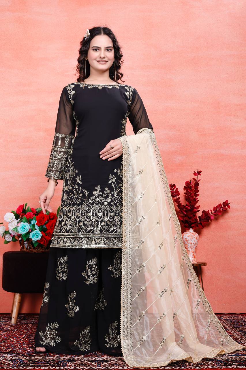 Designer Party Wear Embroidered Set (Top, Sharara Palazzo & Dupatta)