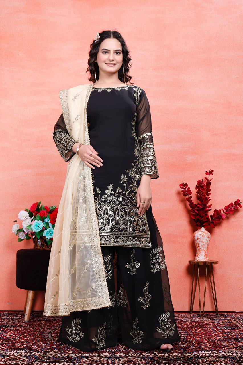 Designer Party Wear Embroidered Set (Top, Sharara Palazzo & Dupatta)