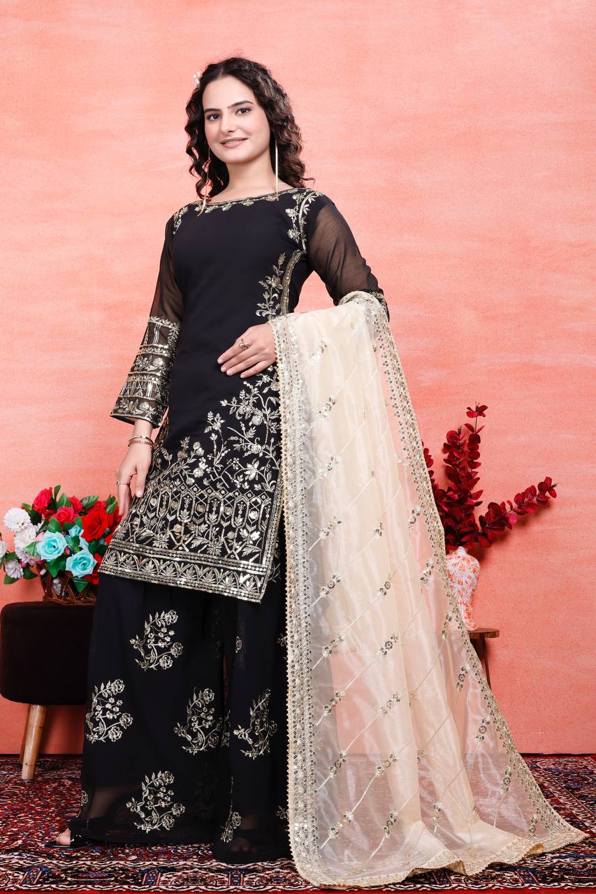 Designer Party Wear Embroidered Set (Top, Sharara Palazzo & Dupatta)