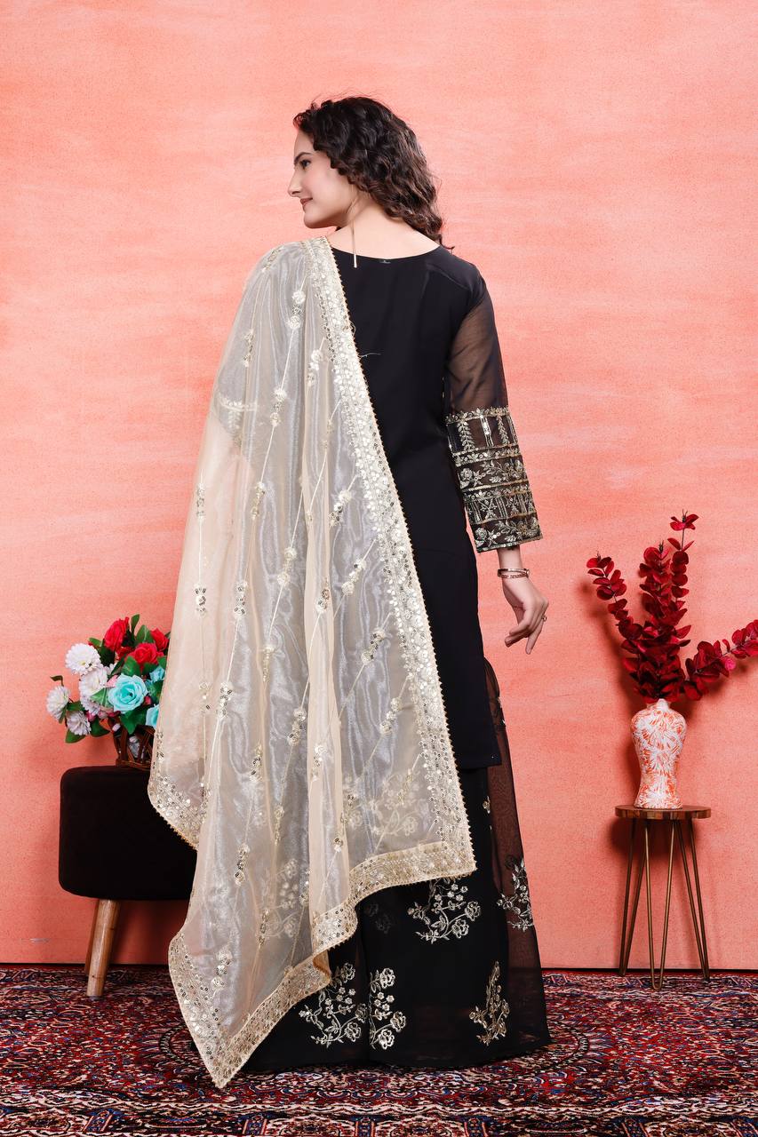 Designer Party Wear Embroidered Set (Top, Sharara Palazzo & Dupatta)