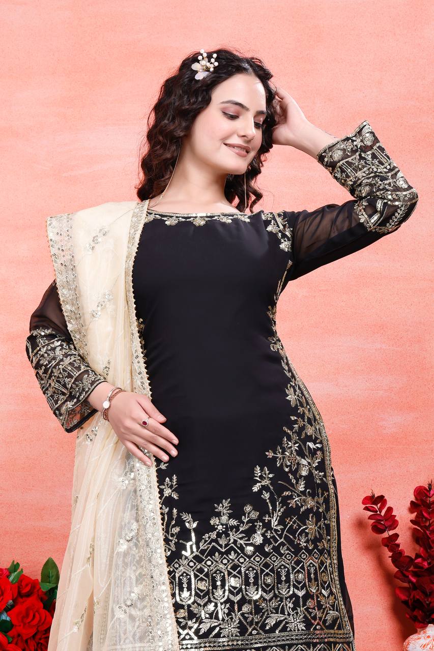 Designer Party Wear Embroidered Set (Top, Sharara Palazzo & Dupatta)