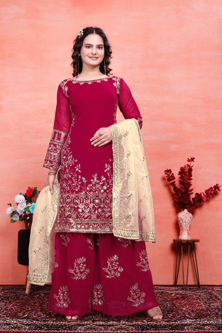 Designer Party Wear Embroidered Set (Top, Sharara Palazzo & Dupatta)