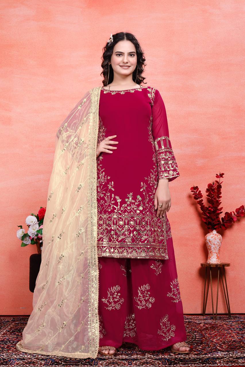 Designer Party Wear Embroidered Set (Top, Sharara Palazzo & Dupatta)