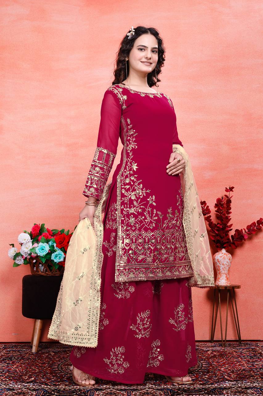 Designer Party Wear Embroidered Set (Top, Sharara Palazzo & Dupatta)