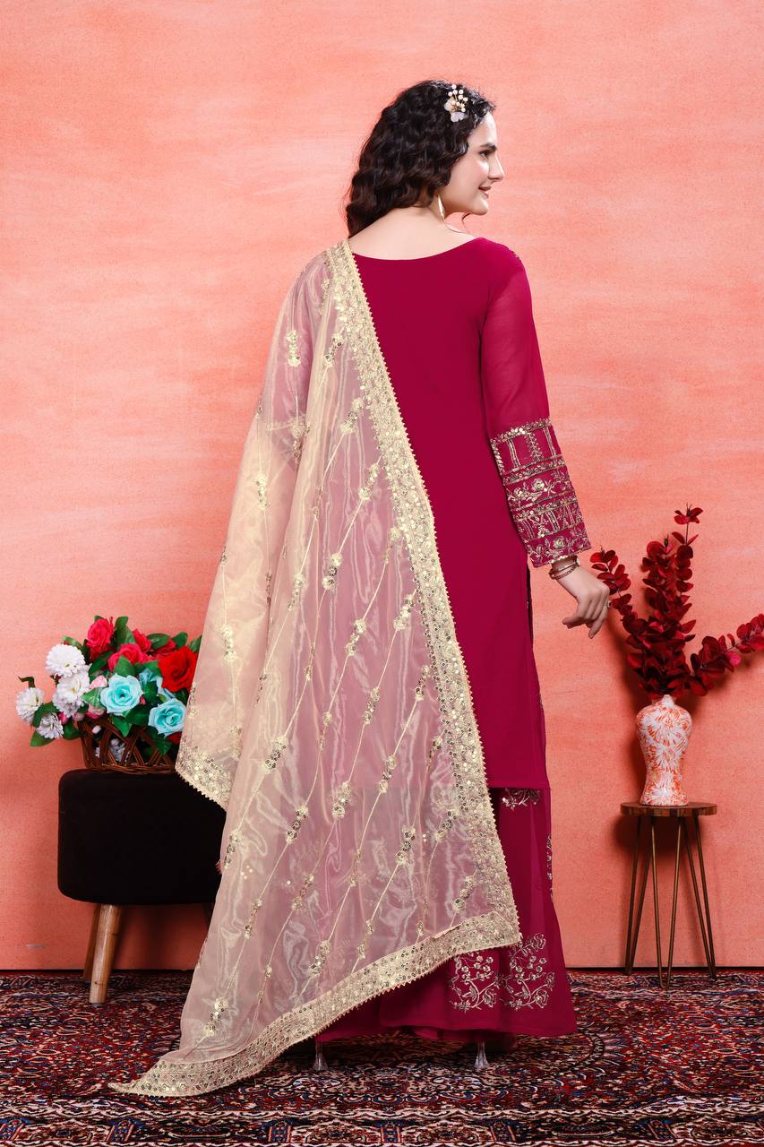 Designer Party Wear Embroidered Set (Top, Sharara Palazzo & Dupatta)