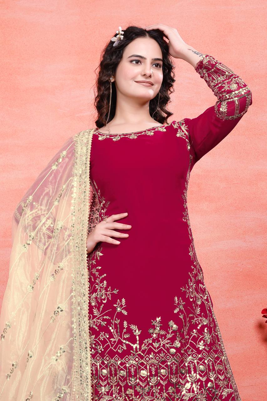 Designer Party Wear Embroidered Set (Top, Sharara Palazzo & Dupatta)