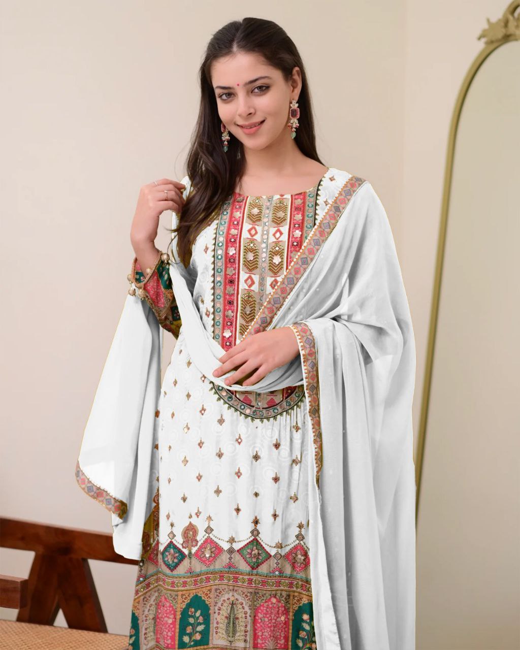 Ivory Pakistani Suit with Digital Print & Sequin Work (Sizes M to 10XL)