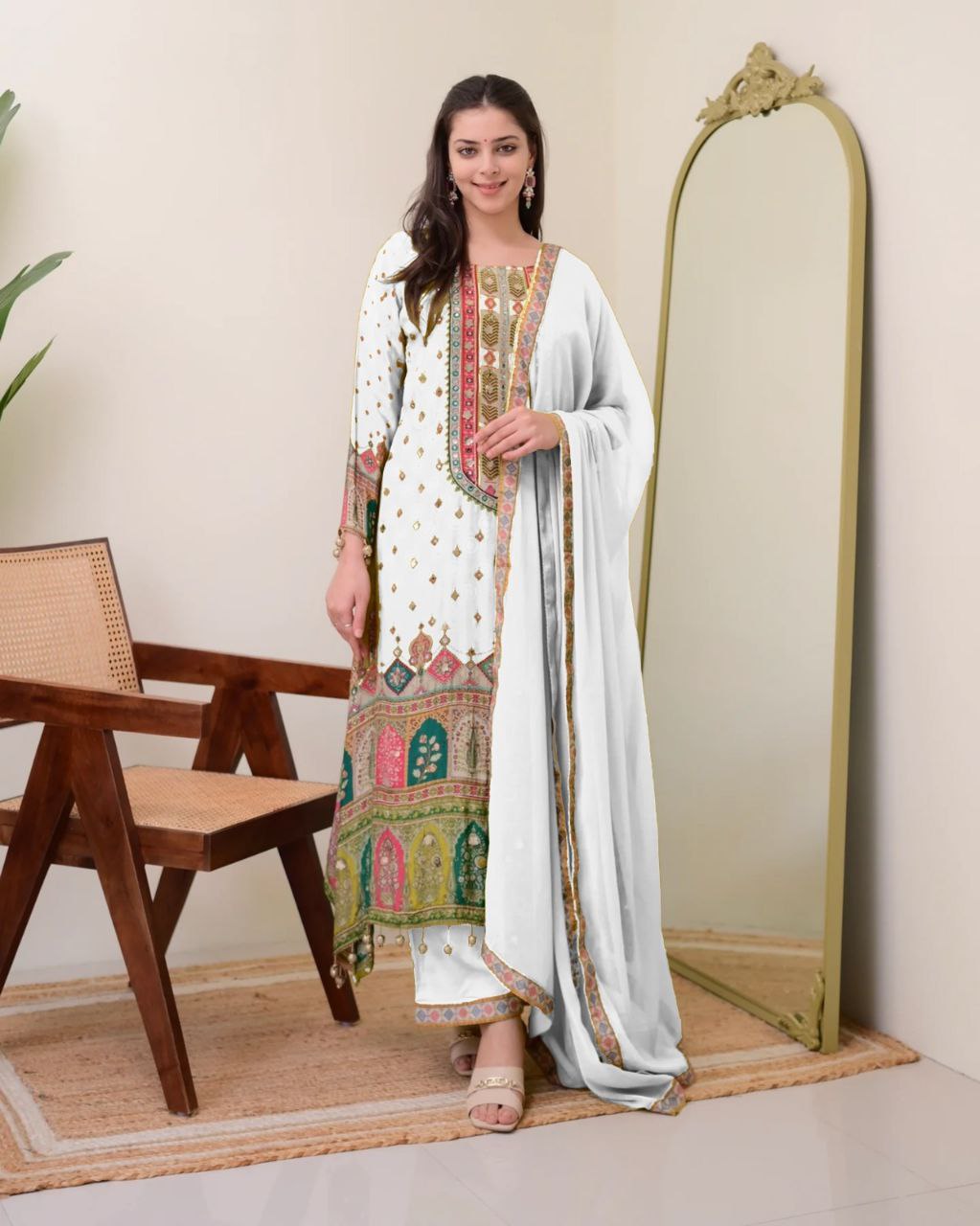 Ivory Pakistani Suit with Digital Print & Sequin Work (Sizes M to 10XL)