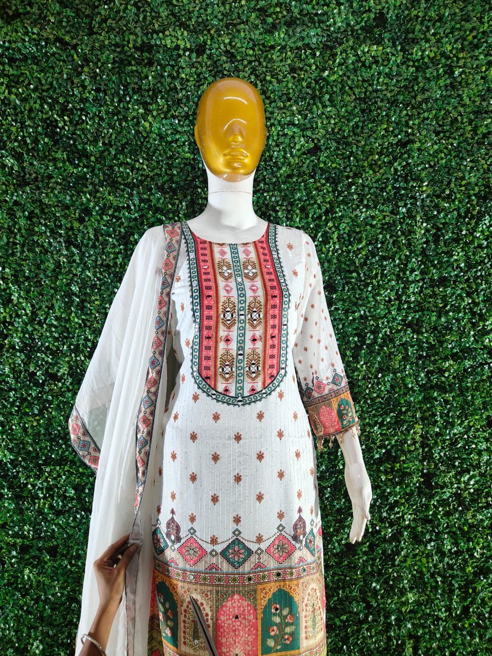 Ivory Pakistani Suit with Digital Print & Sequin Work (Sizes M to 10XL)
