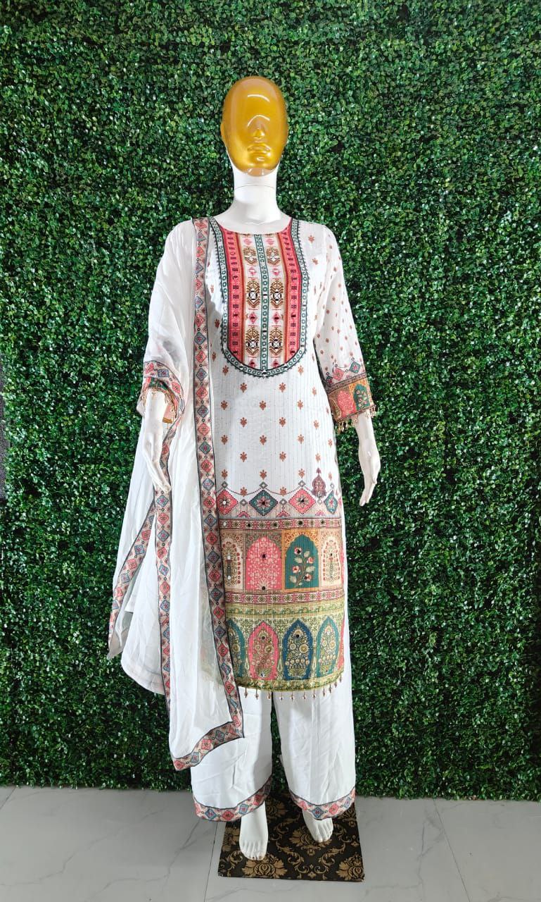 Ivory Pakistani Suit with Digital Print & Sequin Work (Sizes M to 10XL)