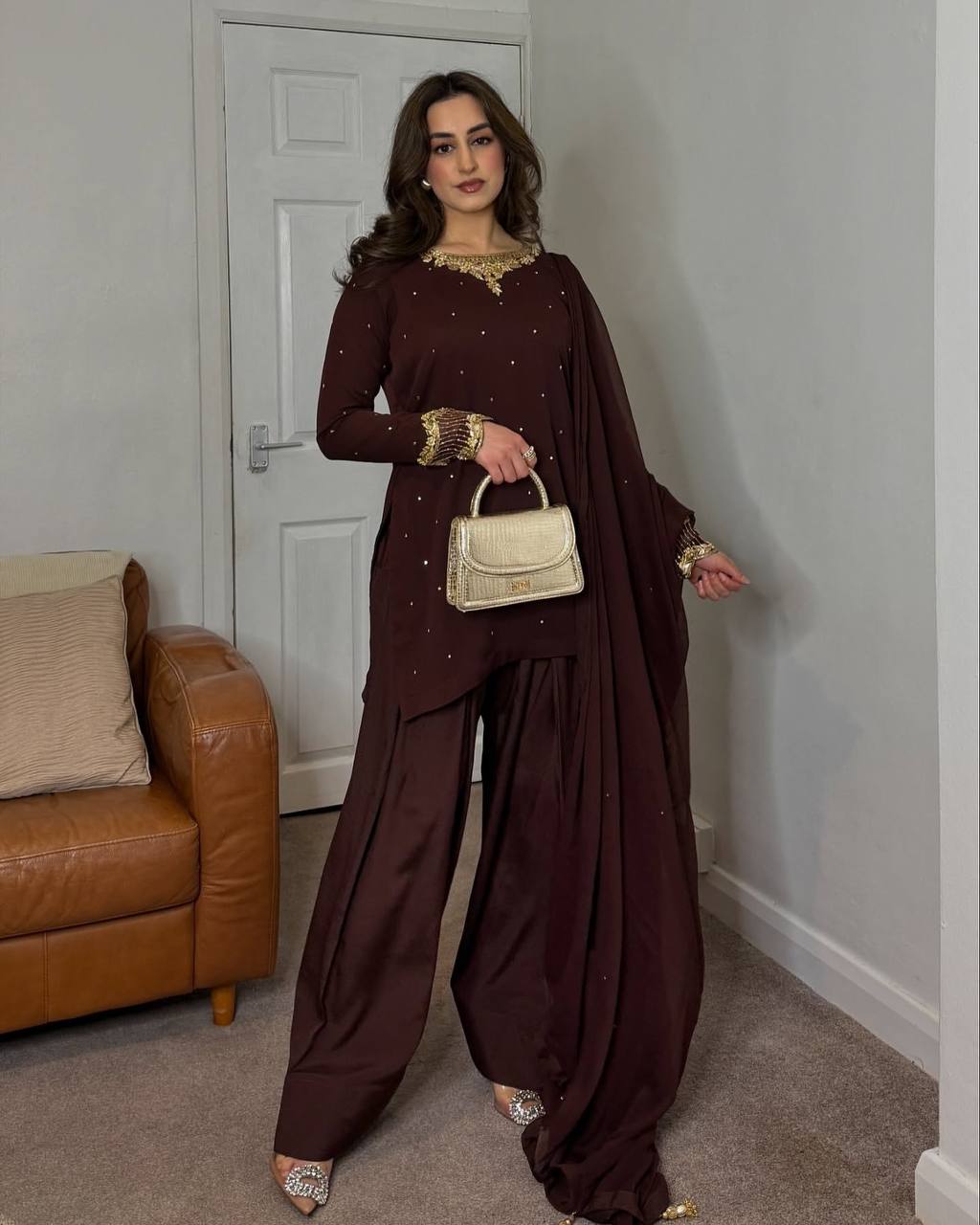Designer Faux Georgette Set (Top, Farshi Pant & Dupatta)