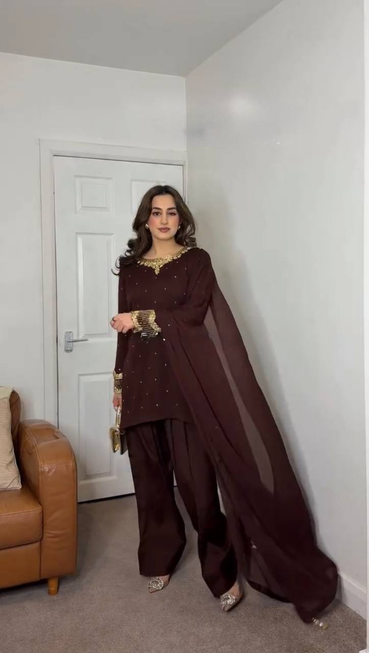 Designer Faux Georgette Set (Top, Farshi Pant & Dupatta)