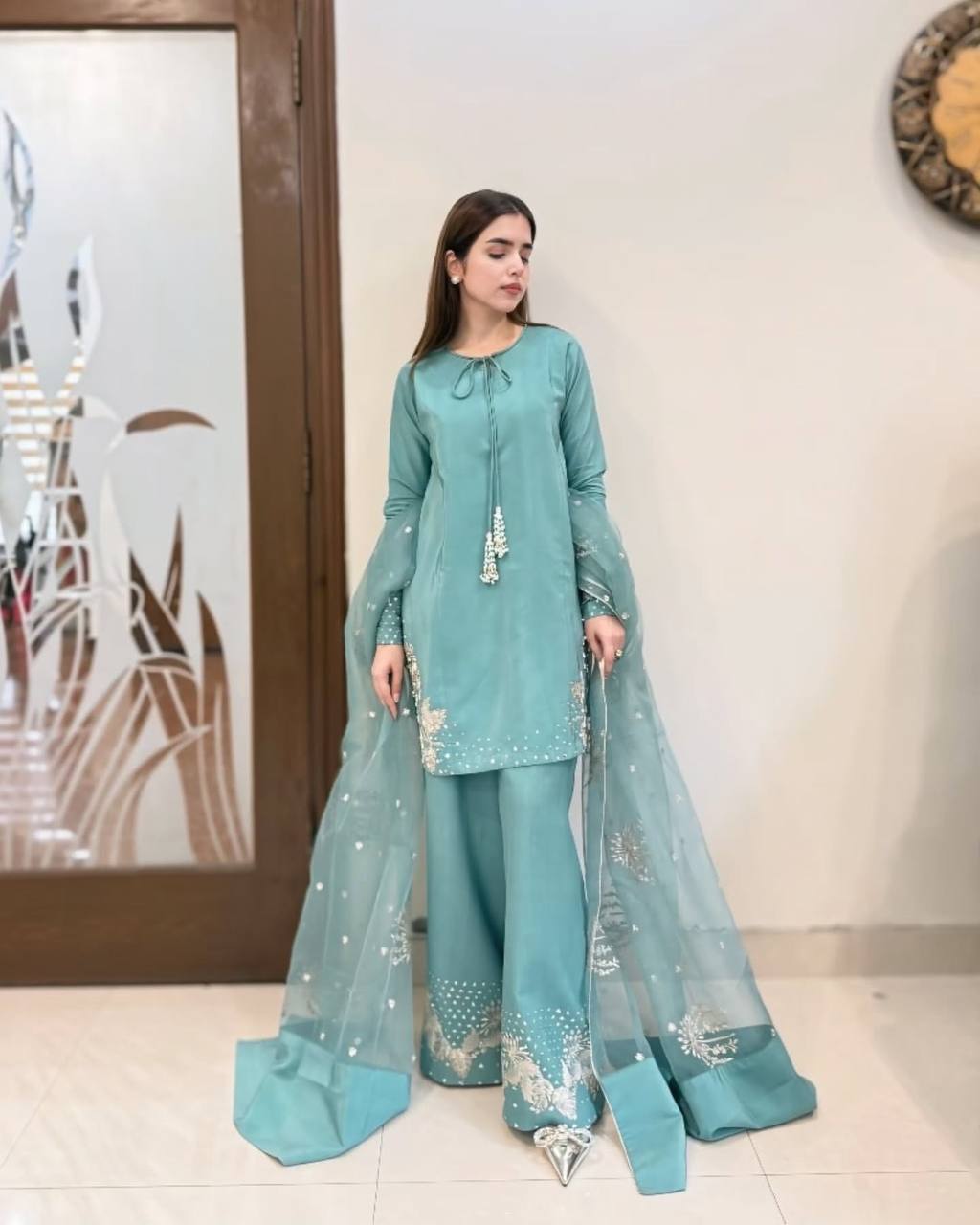 Designer Natural Crepe Silk Set (Top, Pant & Dupatta)