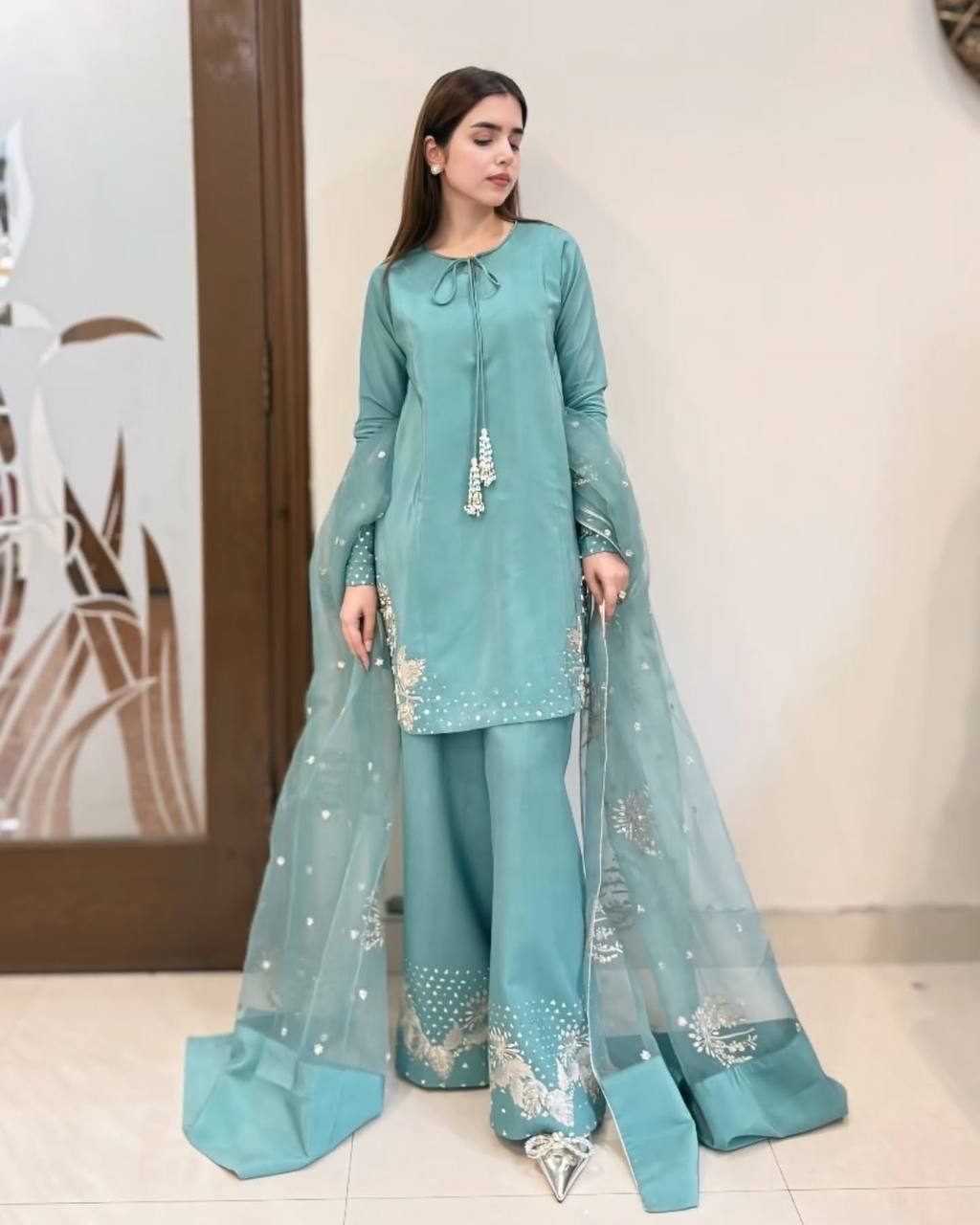 Designer Natural Crepe Silk Set (Top, Pant & Dupatta)