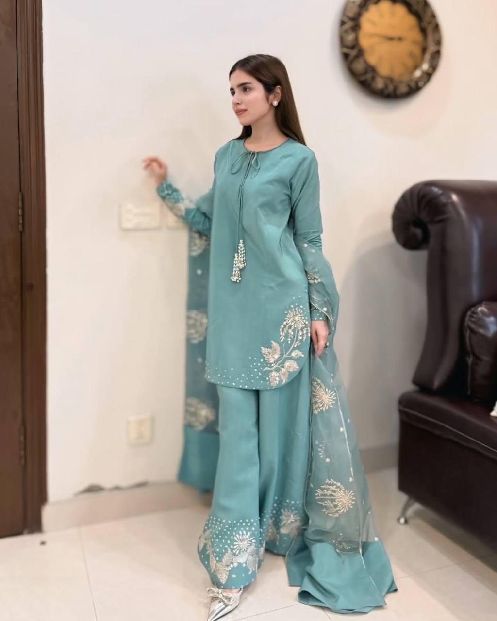 Designer Natural Crepe Silk Set (Top, Pant & Dupatta)