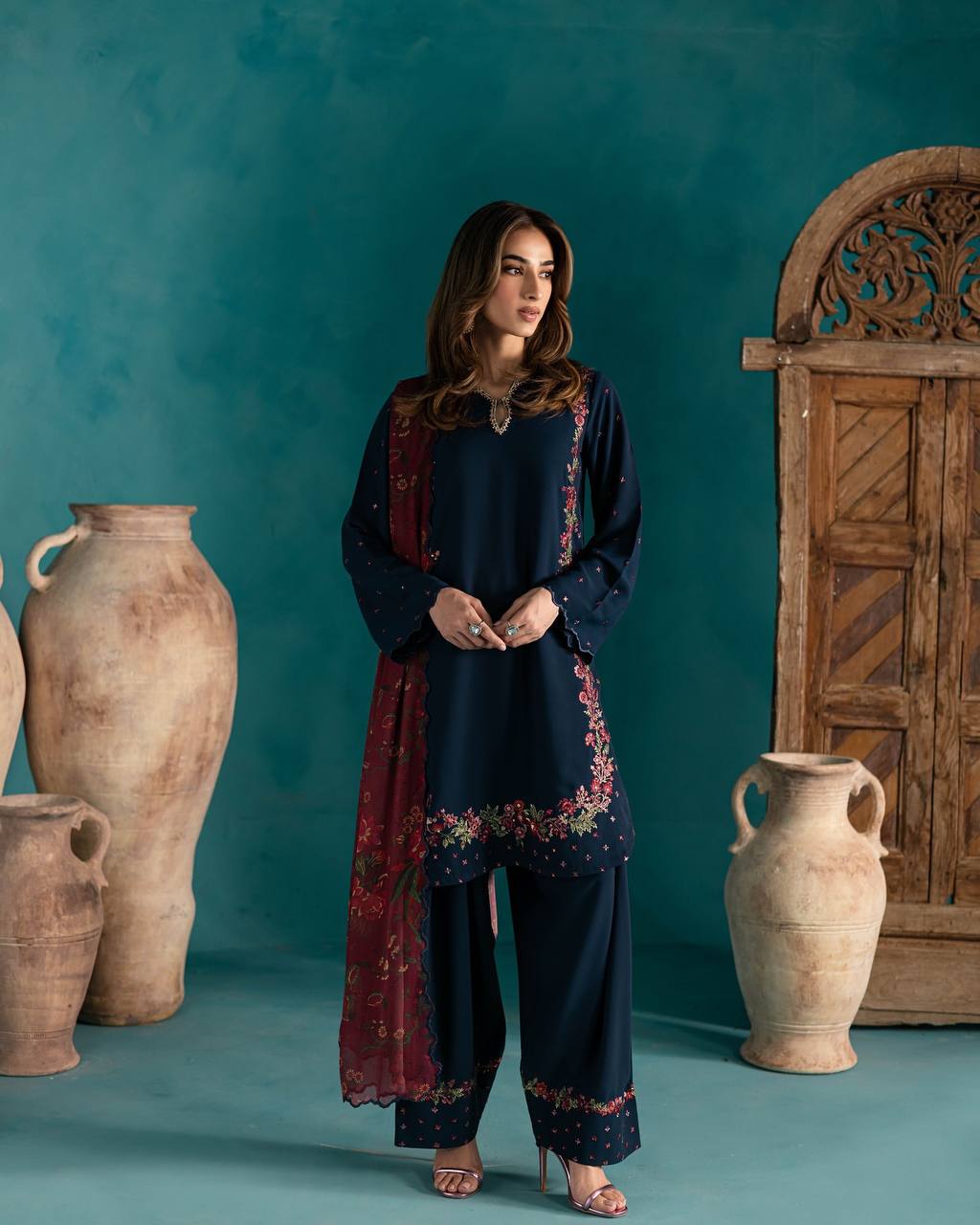 Garmex Export β Designer Natural Crepe Silk Set (Top, Farshi Pant & Dupatta)