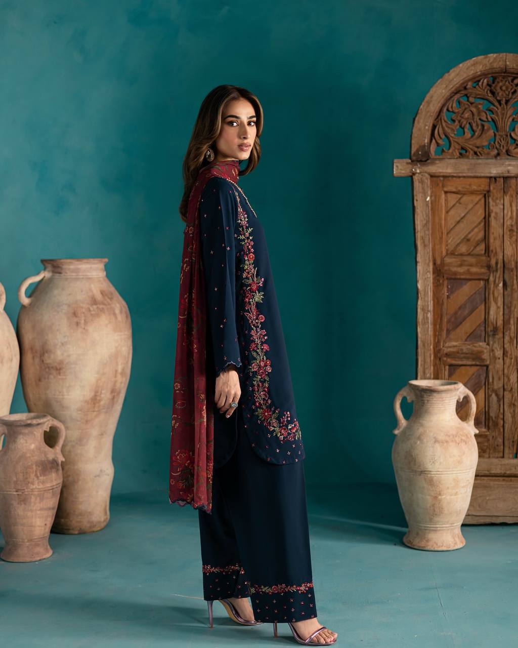 Garmex Export β Designer Natural Crepe Silk Set (Top, Farshi Pant & Dupatta)
