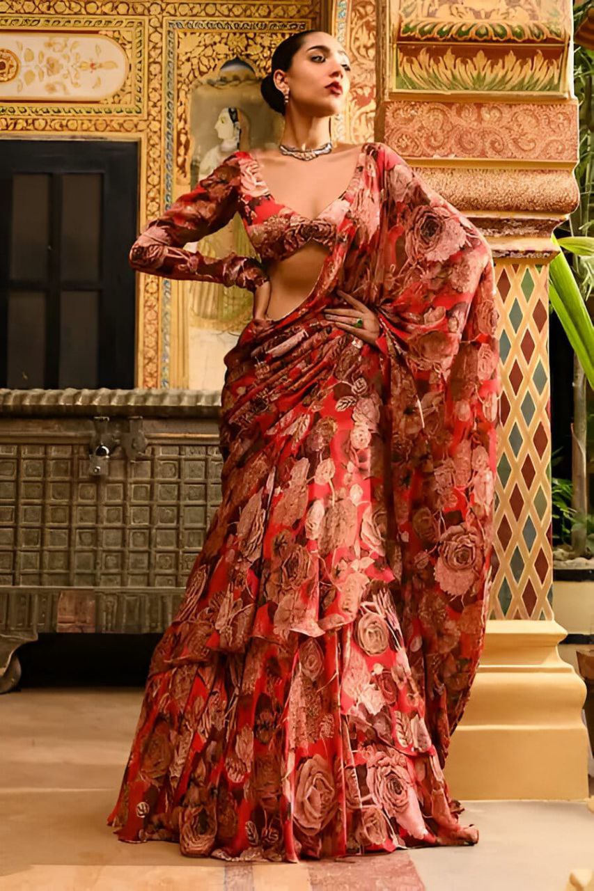 Georgette Ruffle Ready-to-Wear Lehenga Saree with Stitched Blouse