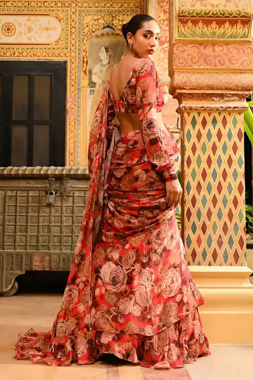 Georgette Ruffle Ready-to-Wear Lehenga Saree with Stitched Blouse