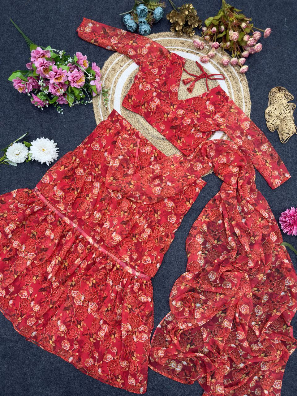 Georgette Ruffle Ready-to-Wear Lehenga Saree with Stitched Blouse