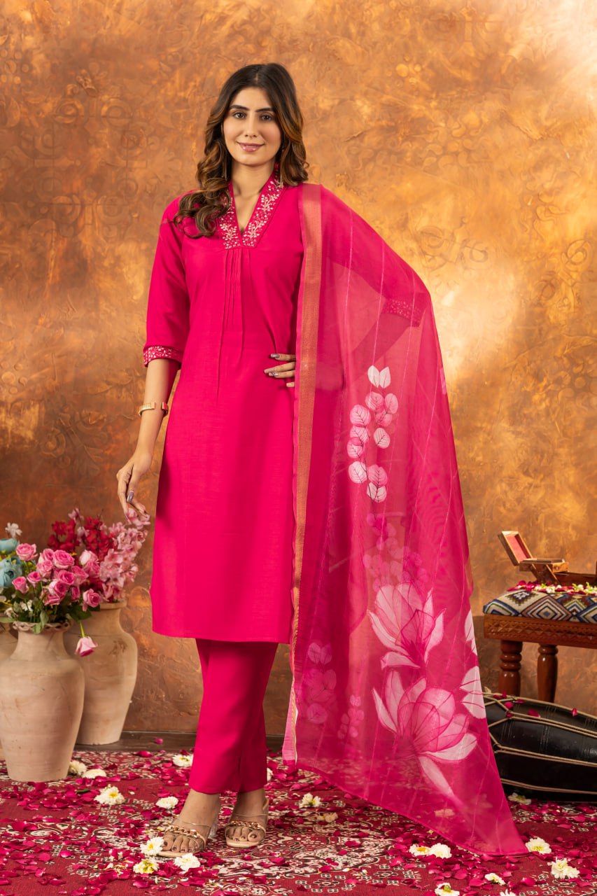 Elegant Embroidered Straight Kurti Pant Dupatta Set – GE04-06 | 7 Stunning Colors