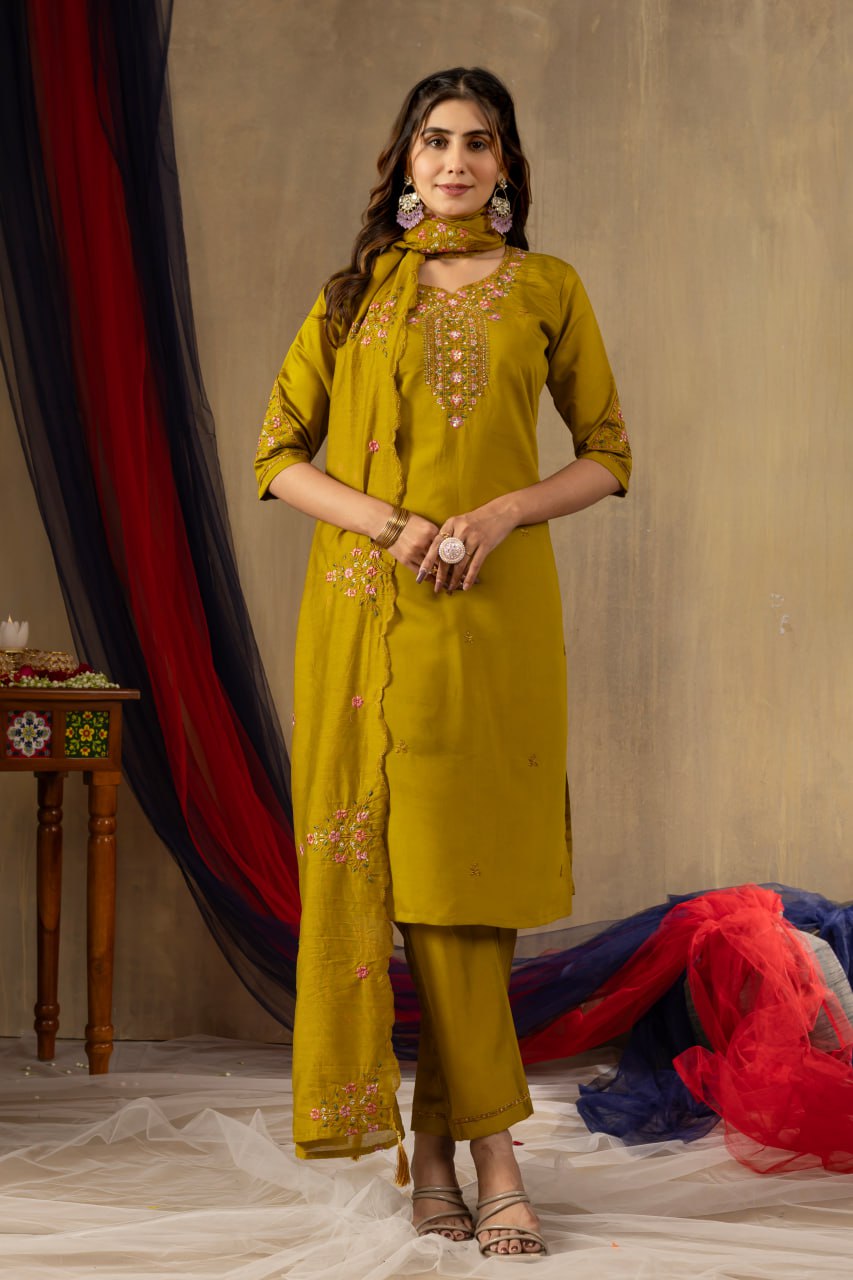 Elegant Embroidered Straight Kurti Pant Dupatta Set – GE04-05 | 4 Rich Colors
