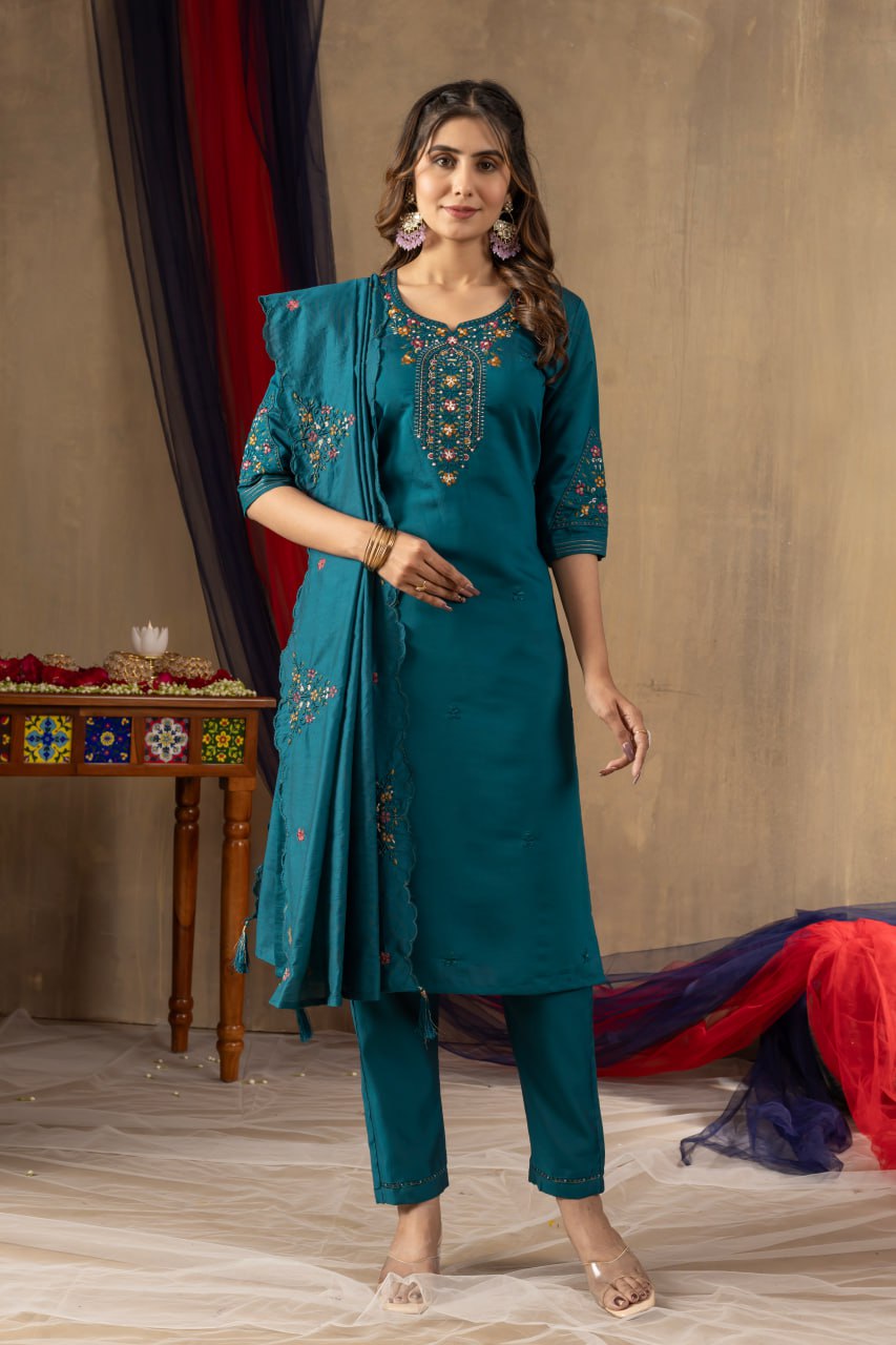 Elegant Embroidered Straight Kurti Pant Dupatta Set – GE04-05 | 4 Rich Colors