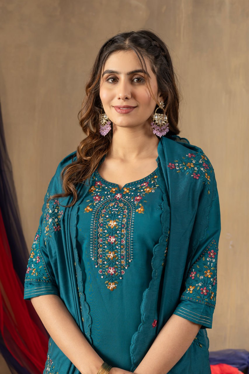 Elegant Embroidered Straight Kurti Pant Dupatta Set – GE04-05 | 4 Rich Colors