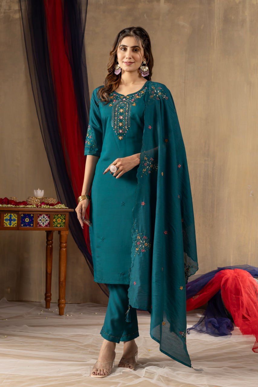 Elegant Embroidered Straight Kurti Pant Dupatta Set – GE04-05 | 4 Rich Colors