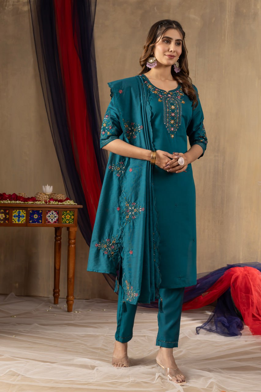 Elegant Embroidered Straight Kurti Pant Dupatta Set – GE04-05 | 4 Rich Colors