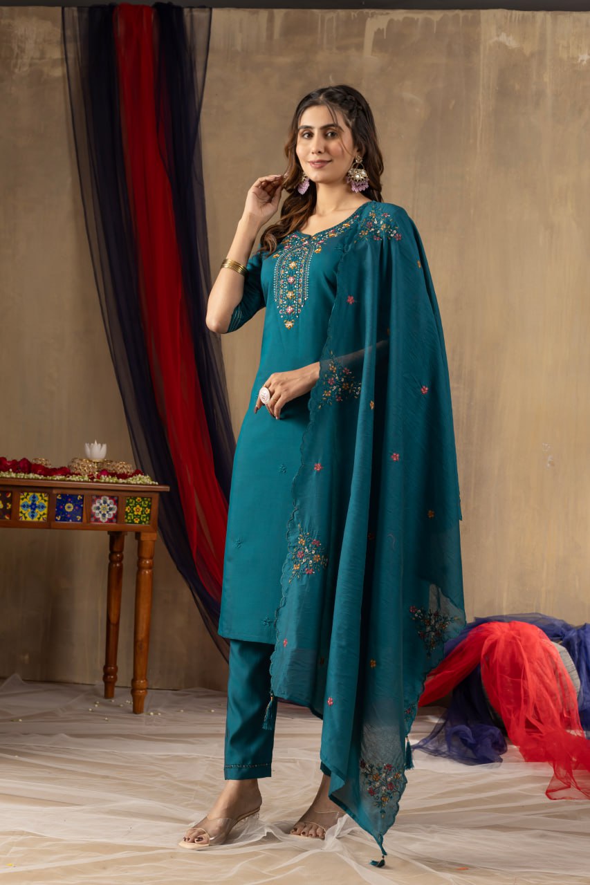 Elegant Embroidered Straight Kurti Pant Dupatta Set – GE04-05 | 4 Rich Colors