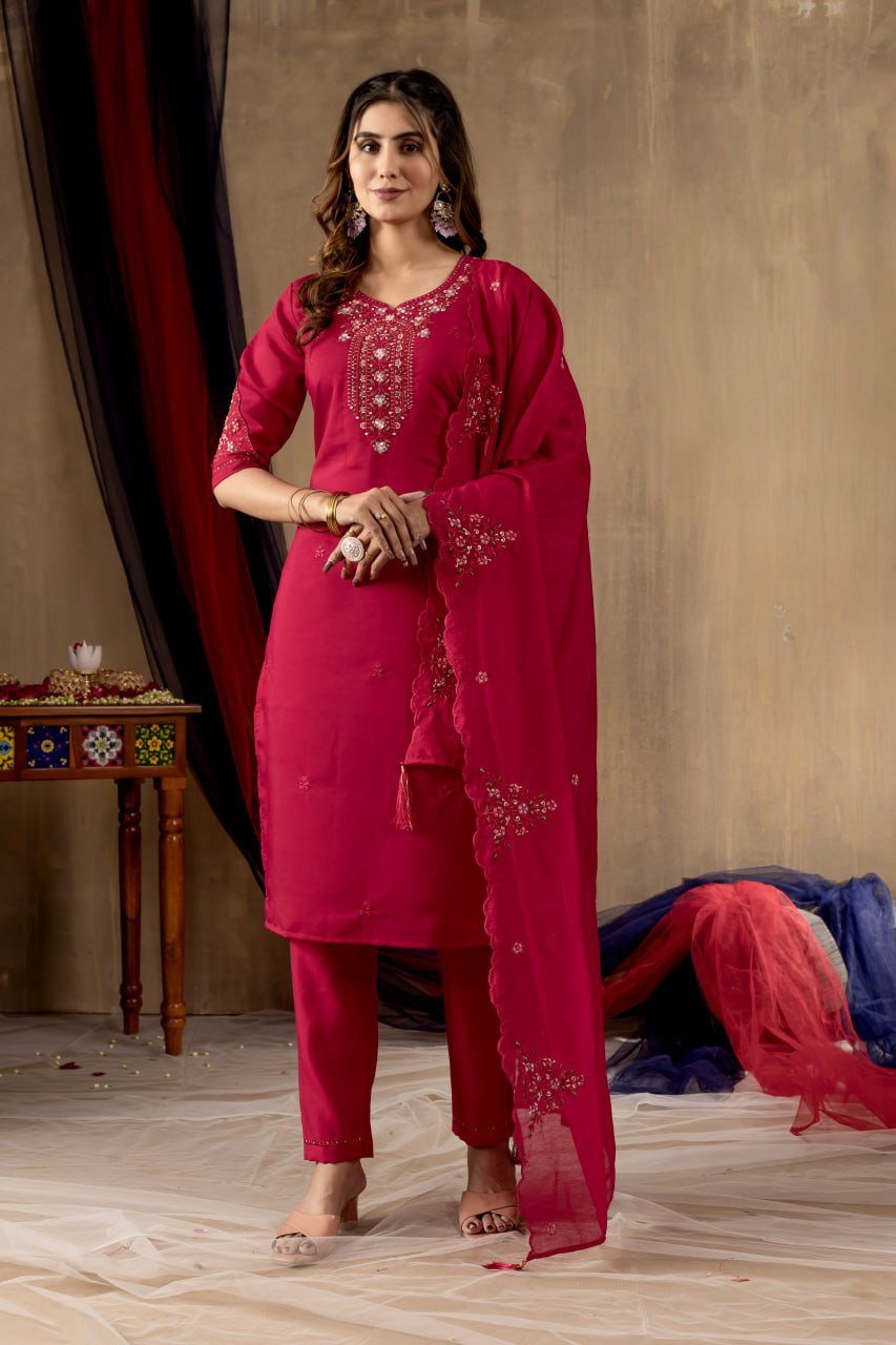 Elegant Embroidered Straight Kurti Pant Dupatta Set – GE04-05 | 4 Rich Colors