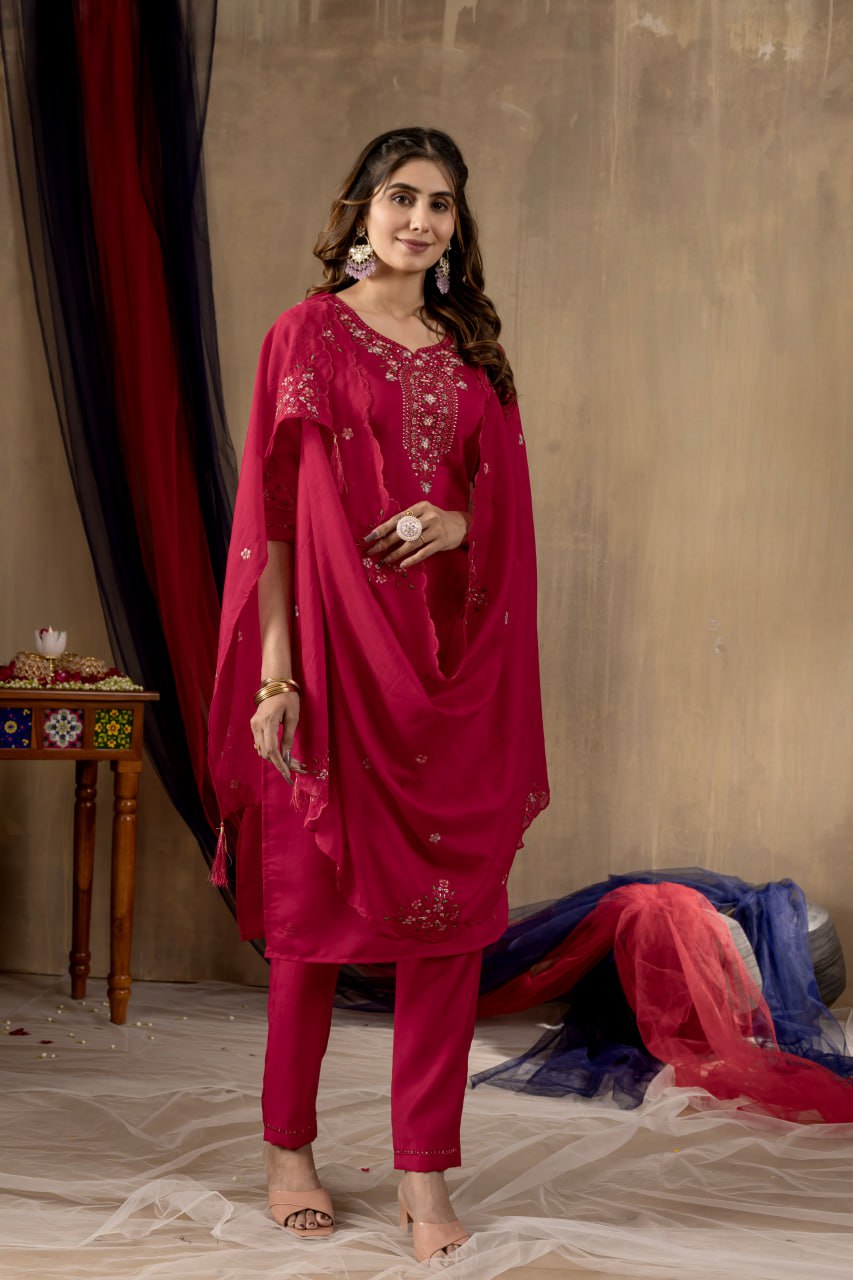 Elegant Embroidered Straight Kurti Pant Dupatta Set – GE04-05 | 4 Rich Colors