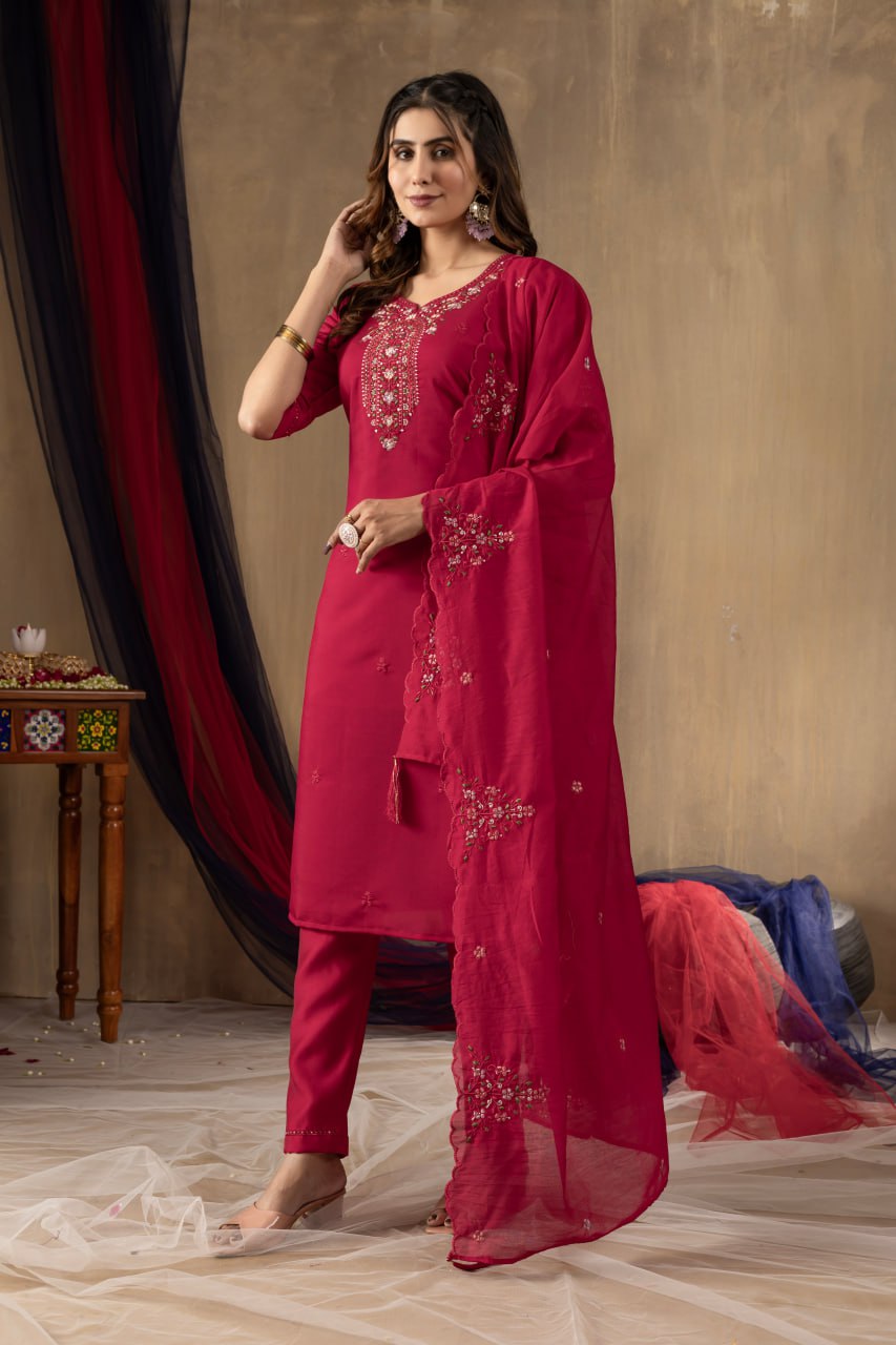 Elegant Embroidered Straight Kurti Pant Dupatta Set – GE04-05 | 4 Rich Colors
