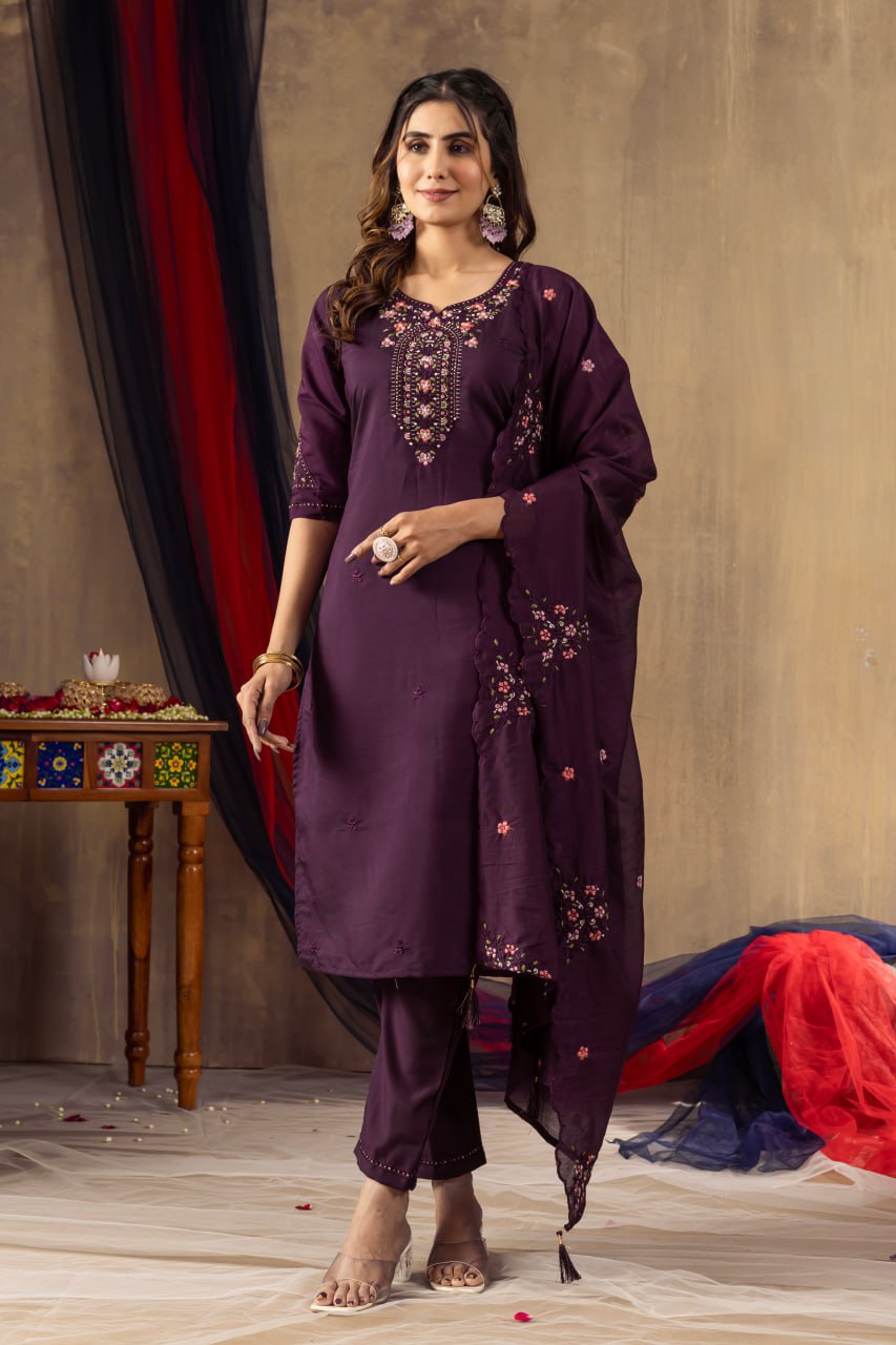Elegant Embroidered Straight Kurti Pant Dupatta Set – GE04-05 | 4 Rich Colors