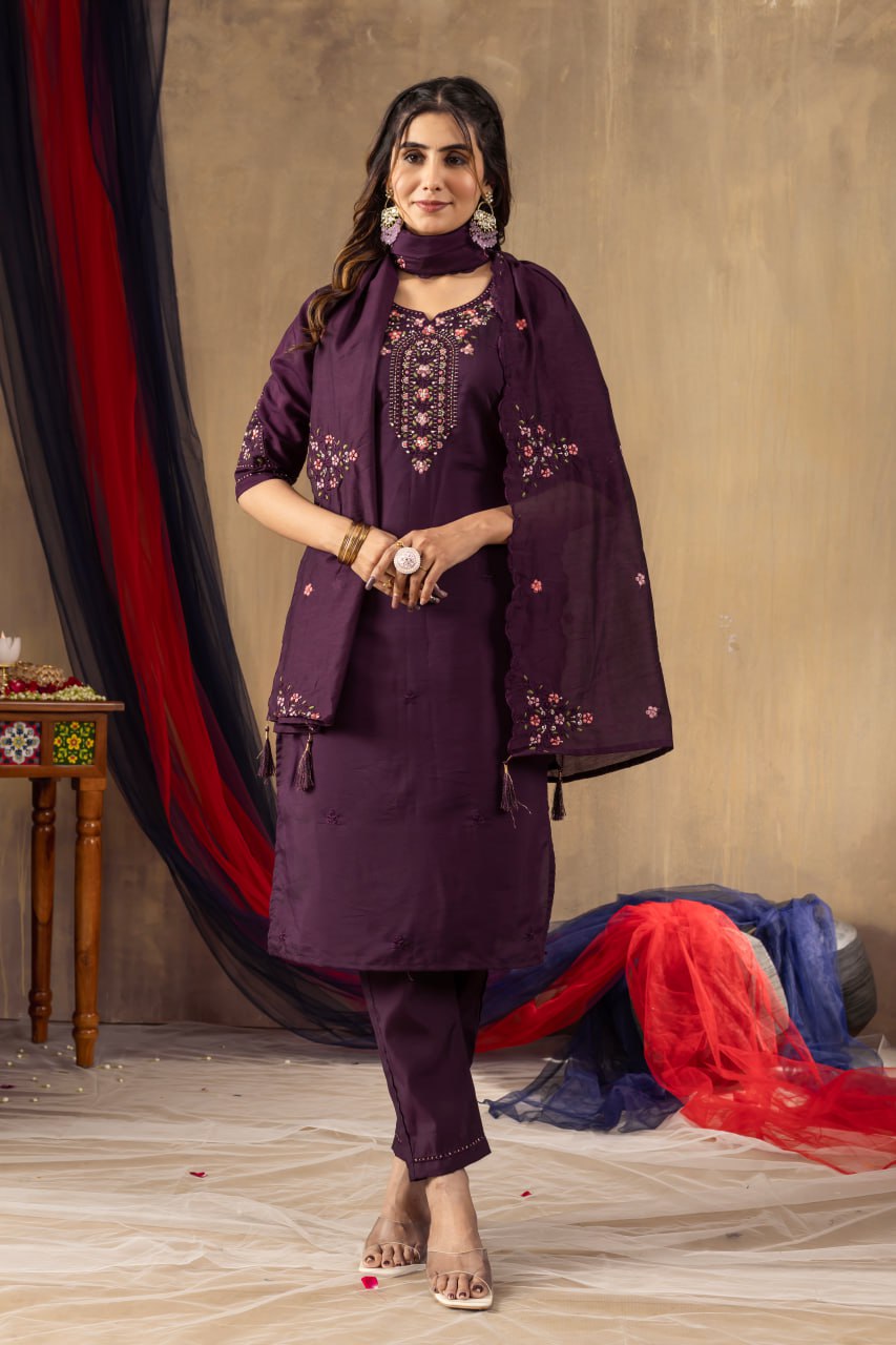 Elegant Embroidered Straight Kurti Pant Dupatta Set – GE04-05 | 4 Rich Colors