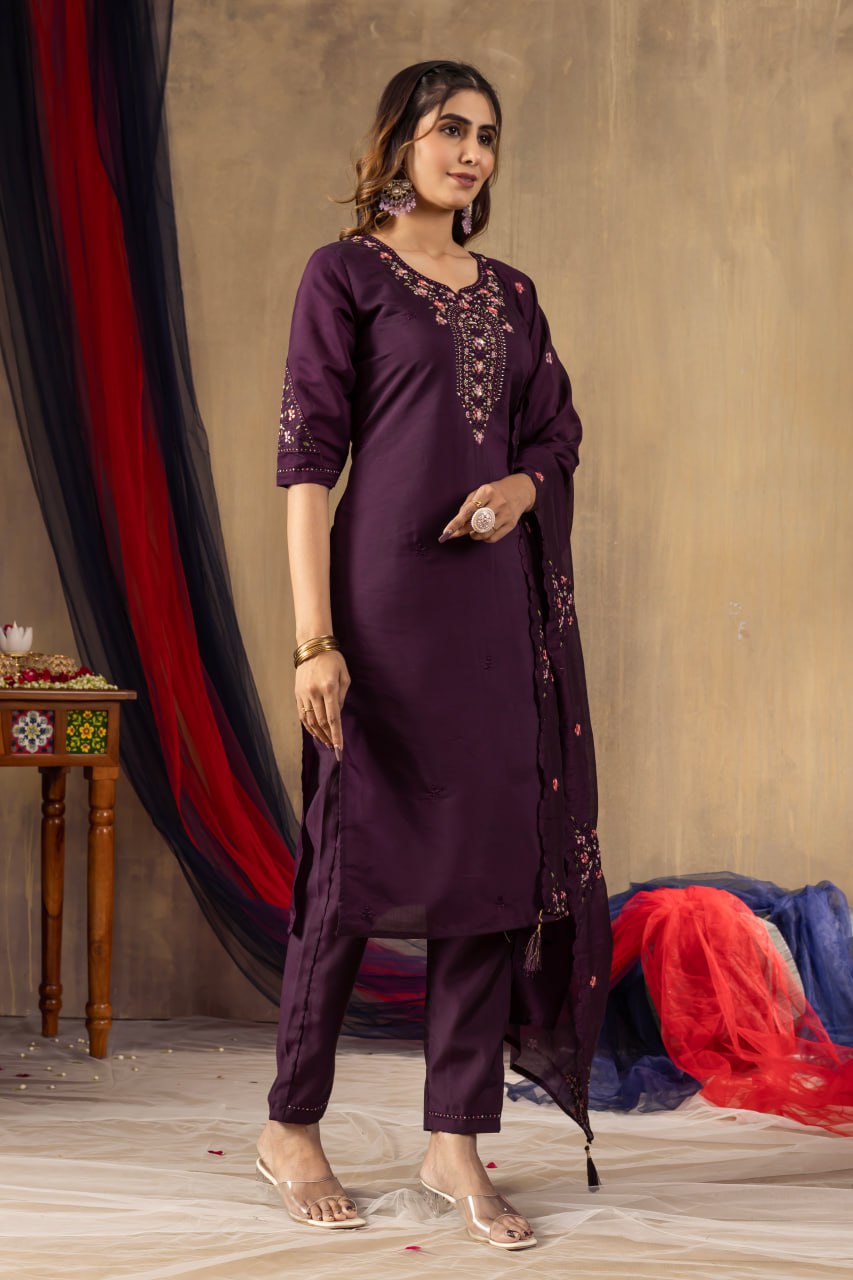 Elegant Embroidered Straight Kurti Pant Dupatta Set – GE04-05 | 4 Rich Colors